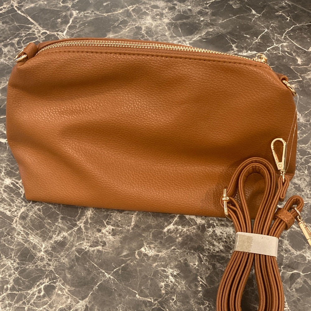 Brown Cognac Tan Vegan Leather Crossbody Bag with Gold Hardware